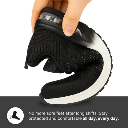 Black shoe with white sole held by a hand, promotional text about comfort and protection.